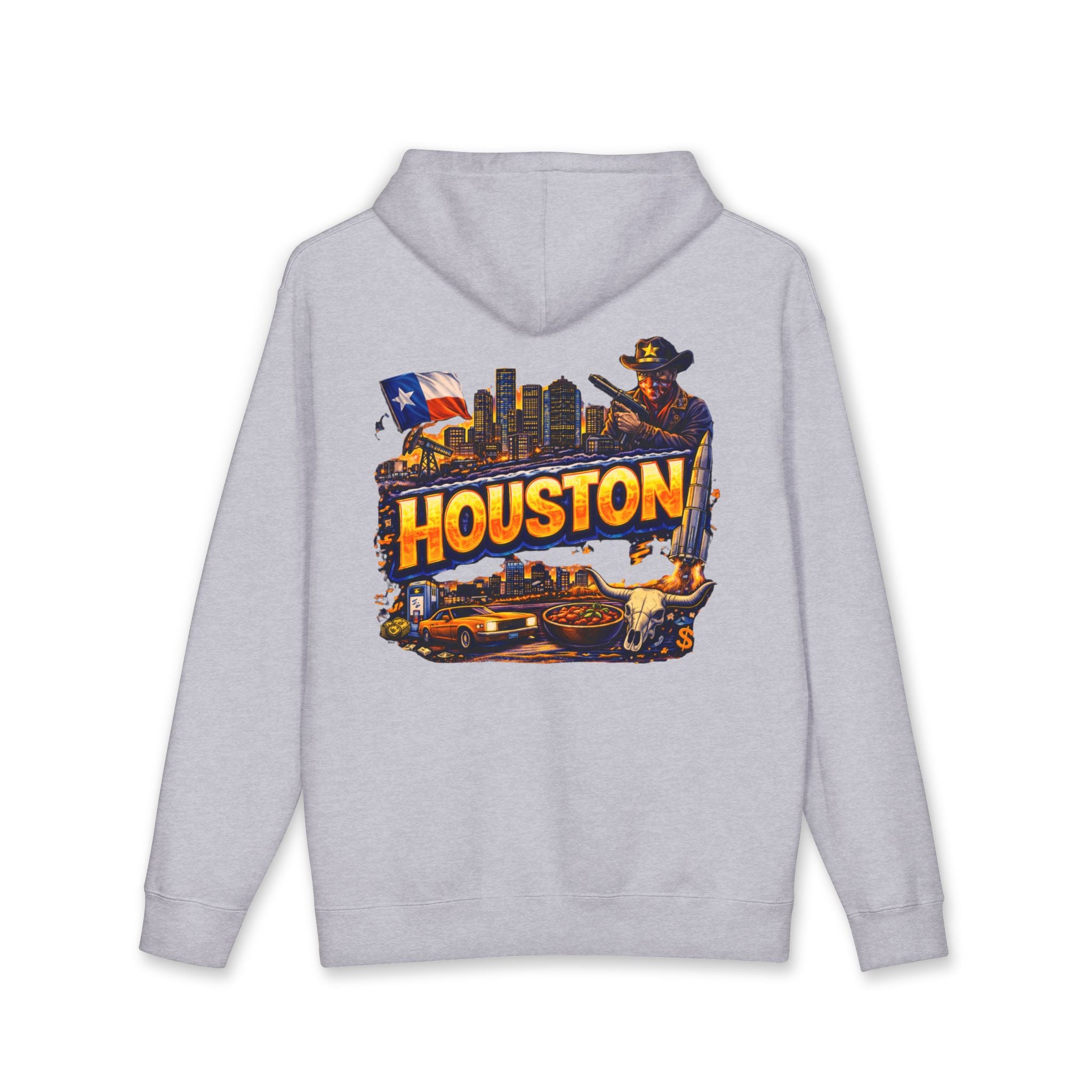 Houston Cityscape Hoodie — Retro Texas Skyline Pullover with Firefighter & Flag