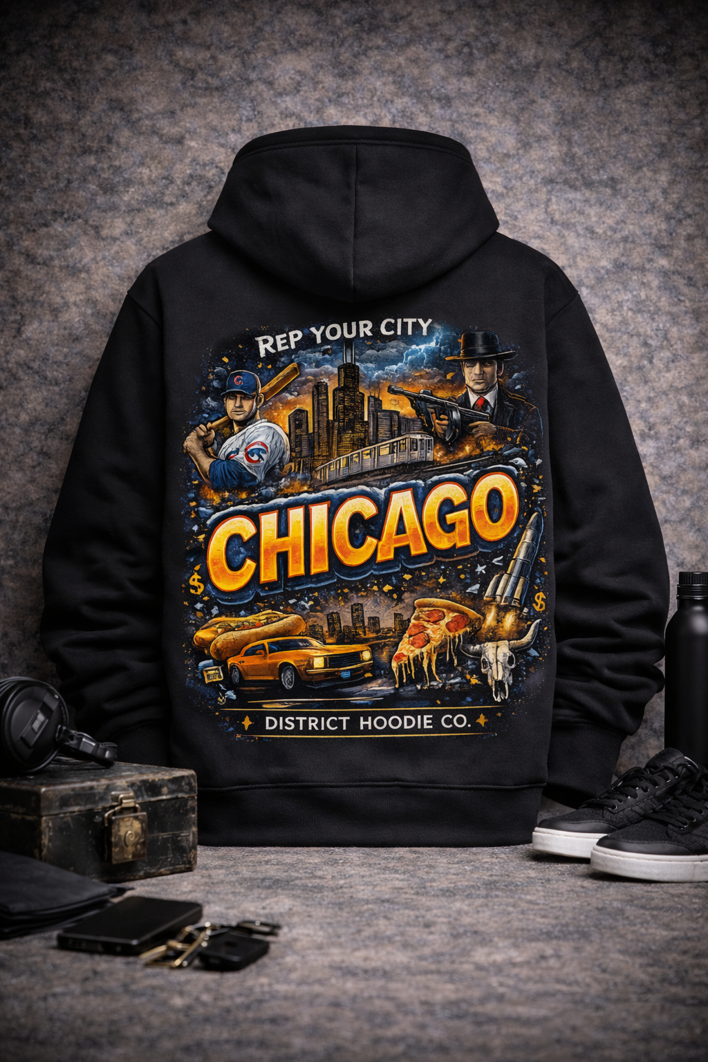 Chicago Vintage City Hoodie — Retro Skyline & Landmarks Pullover