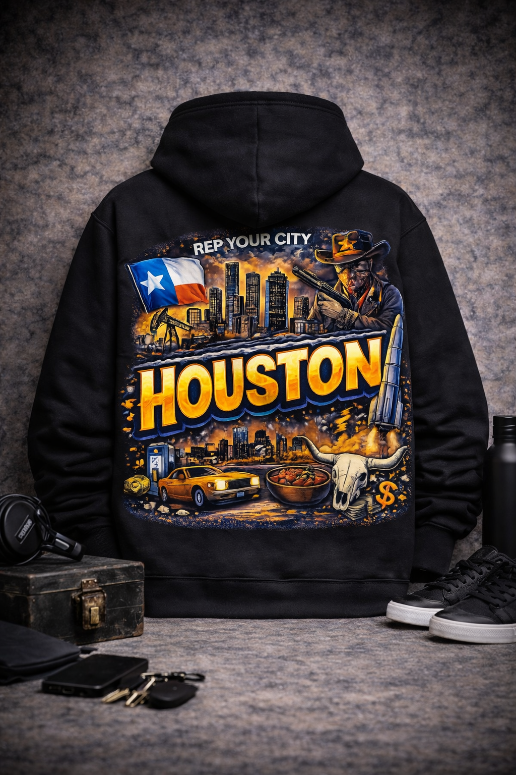 Houston Cityscape Hoodie — Retro Texas Skyline Pullover with Firefighter & Flag