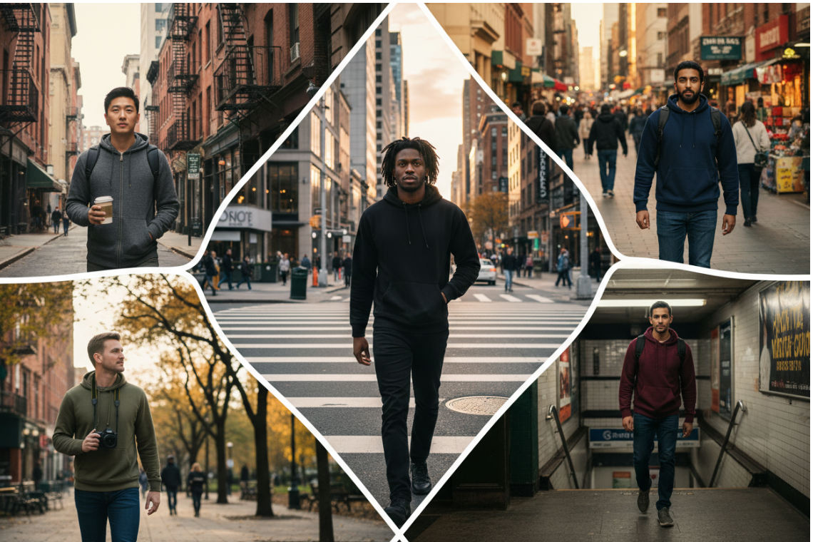 a collage of different races of men walking in different city setting with hoodies on