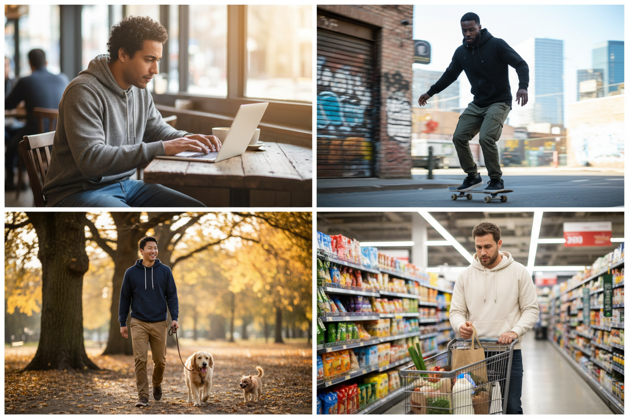 create an image showing men doing everyday life activities in a hoodie